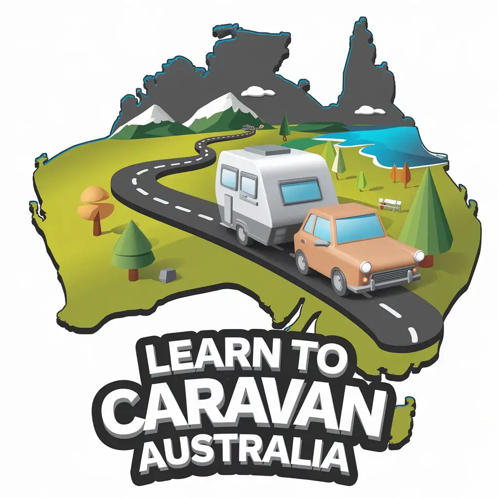 logo for a company called learn to caravan australia, cartoon effects, caravan in logo, fun theme but not childish,3d cartoon image of australia map, with car towing a caravan driving on a road on top of the map, like a 3d sculpture style, more nature, iconic australian landscape, green landscape