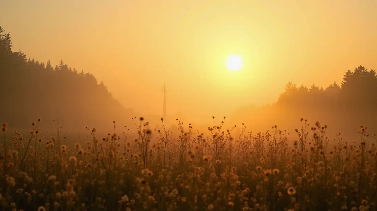 Golden Hazy Sky Over Serene Nature Landscape