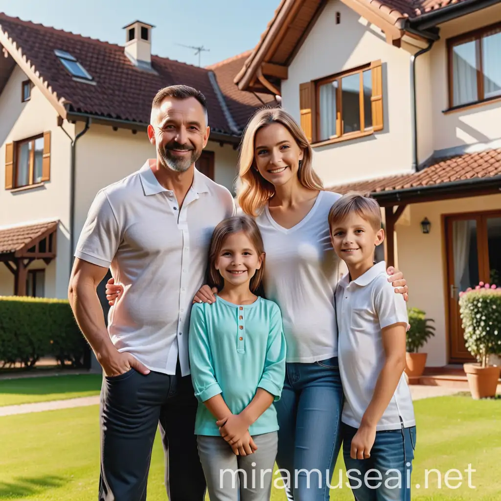 Joyful Family of Four Playing Outside their Home