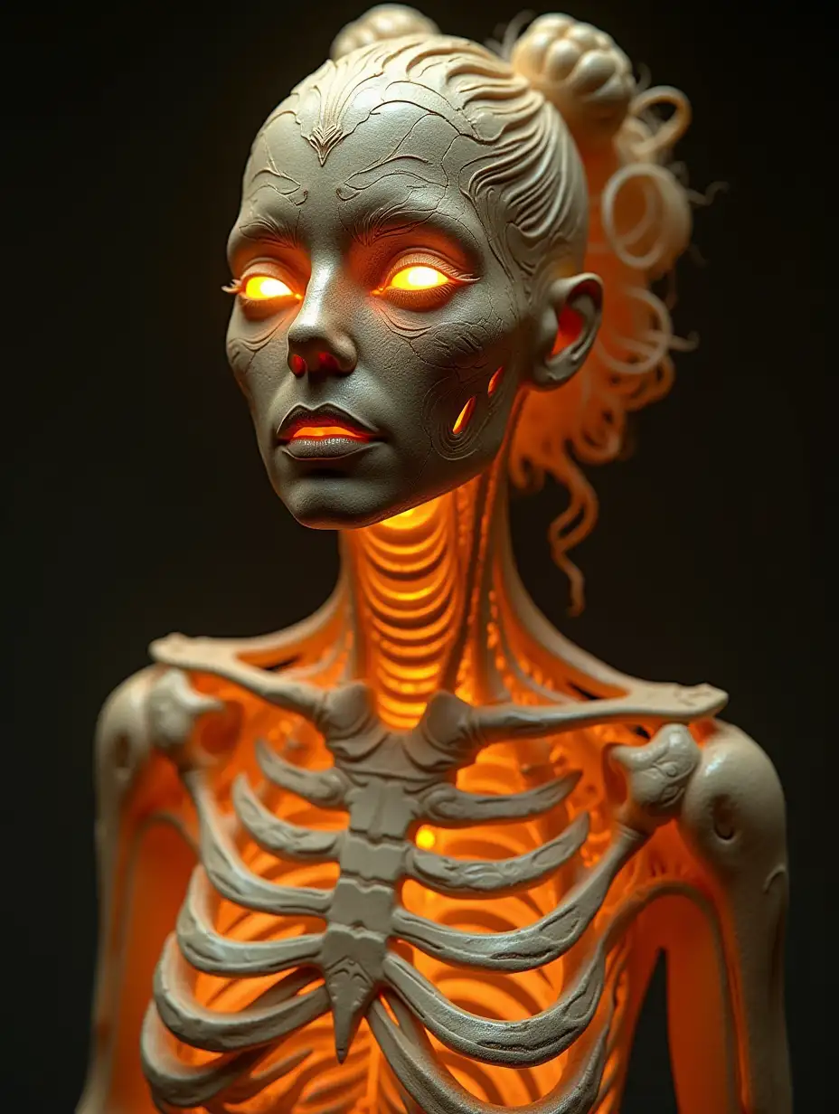 an sculpture of a woman made of golden bones, sculpted, detailed, patterns, intricate, ornate, glowing, mysterious, dynamic, hyper realistic, 8k, octane render