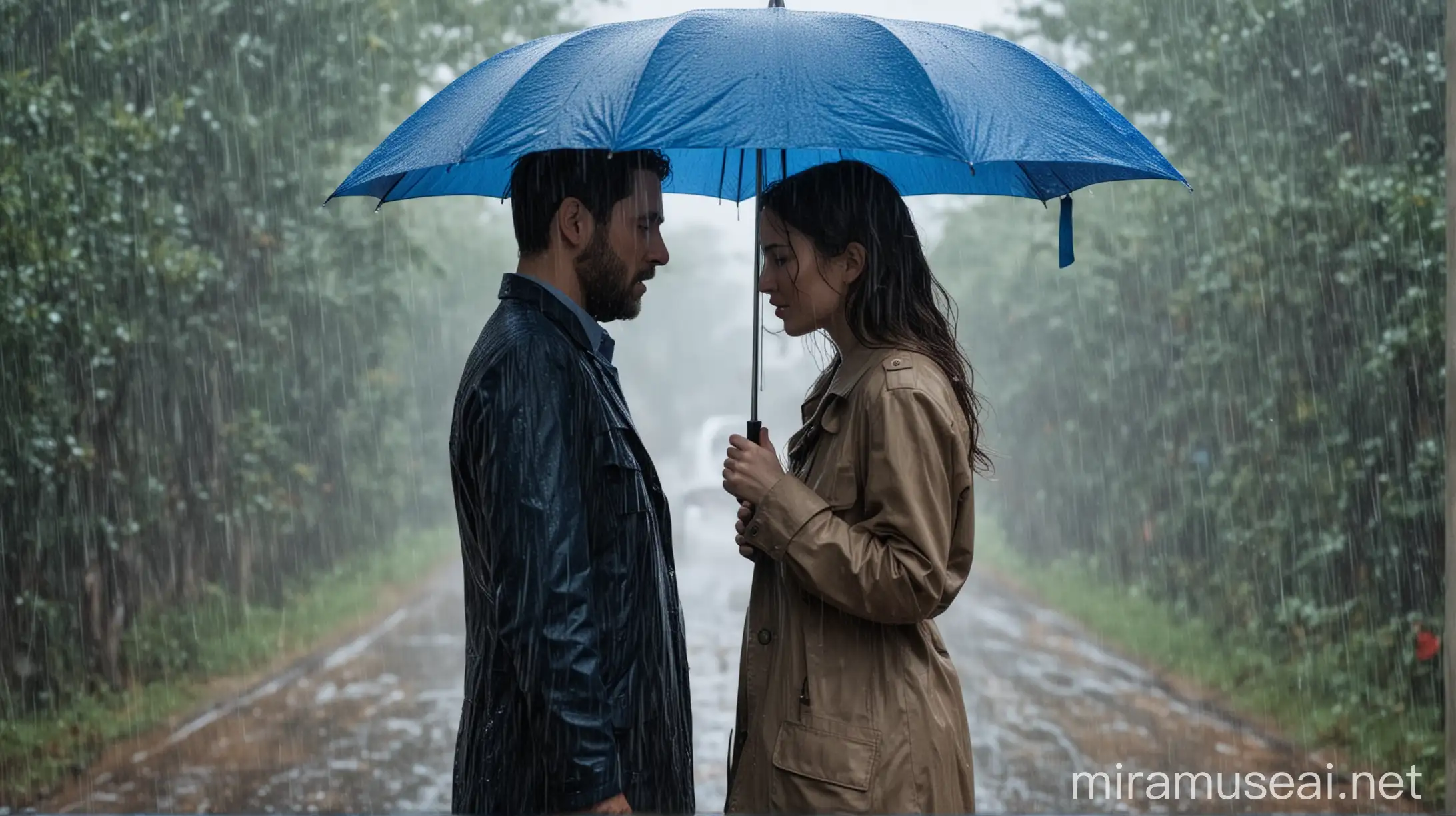 Couple Sharing Blue Umbrella in Heavy Rain