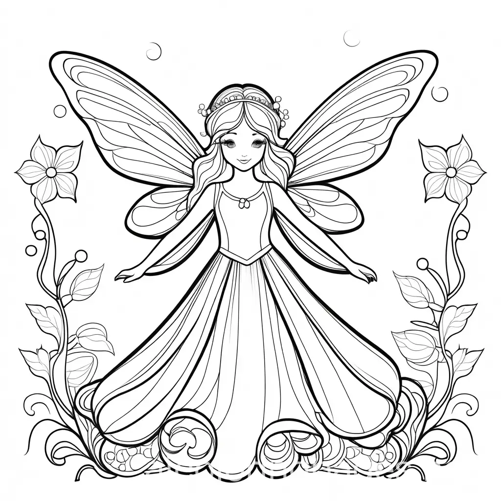 fairy, Coloring Page, black and white, line art, white background, Simplicity, Ample White Space. The background of the coloring page is plain white to make it easy for young children to color within the lines. The outlines of all the subjects are easy to distinguish, making it simple for kids to color without too much difficulty