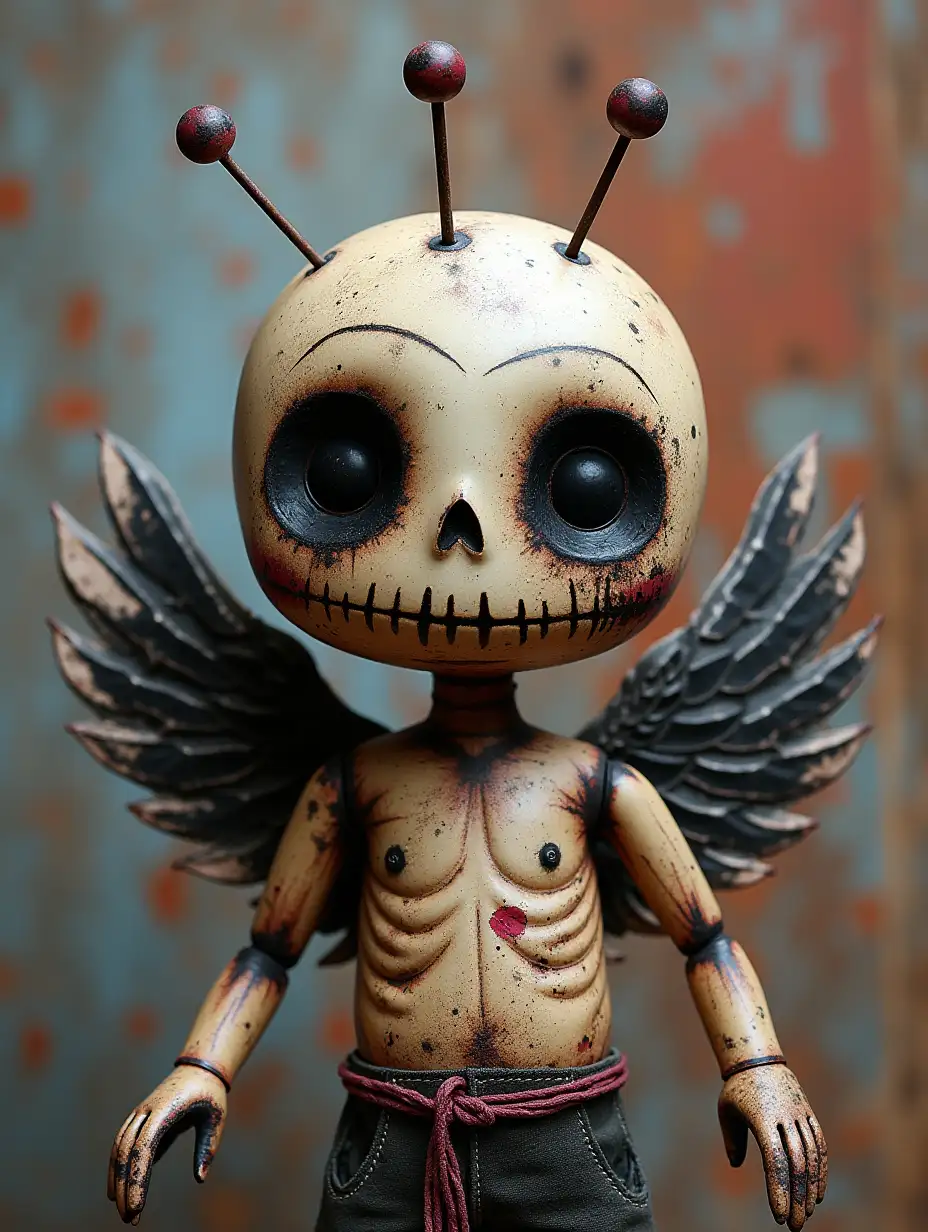 graffiti style voodoo doll with angel wings 3 pins sticking out of the top of the head