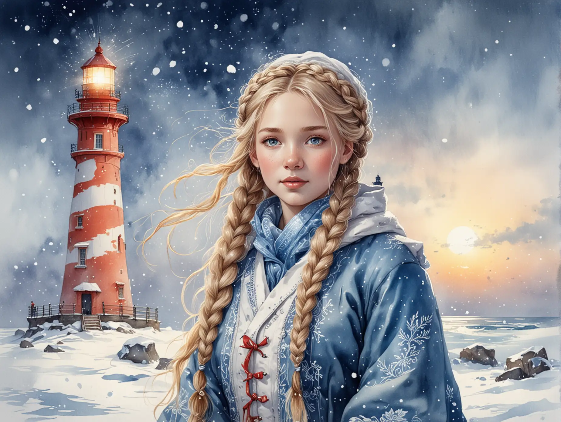 Snow-Maiden-Girl-in-Sarafan-Coat-by-a-Lighthouse-with-Snowfall-and-Magic-for-New-Year