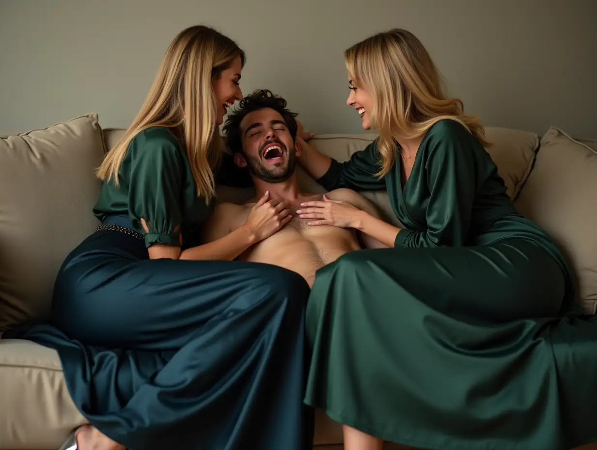 Caucasian-Man-Laughing-on-Sofa-Surrounded-by-Two-Smiling-Blonde-Women-in-Satin-Outfits