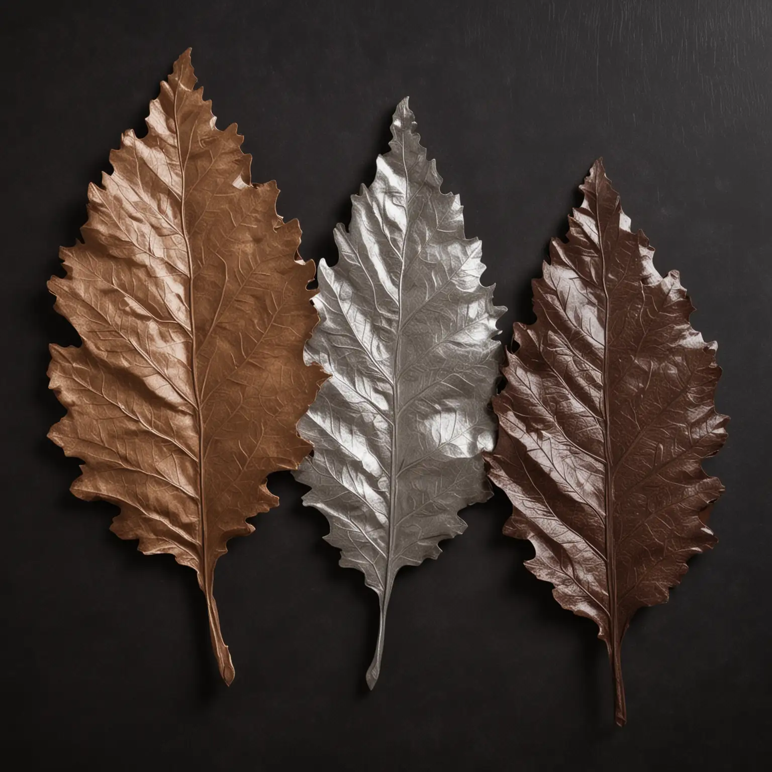 Three Large Oak Leaves on Soft Chocolate Black Silver Background