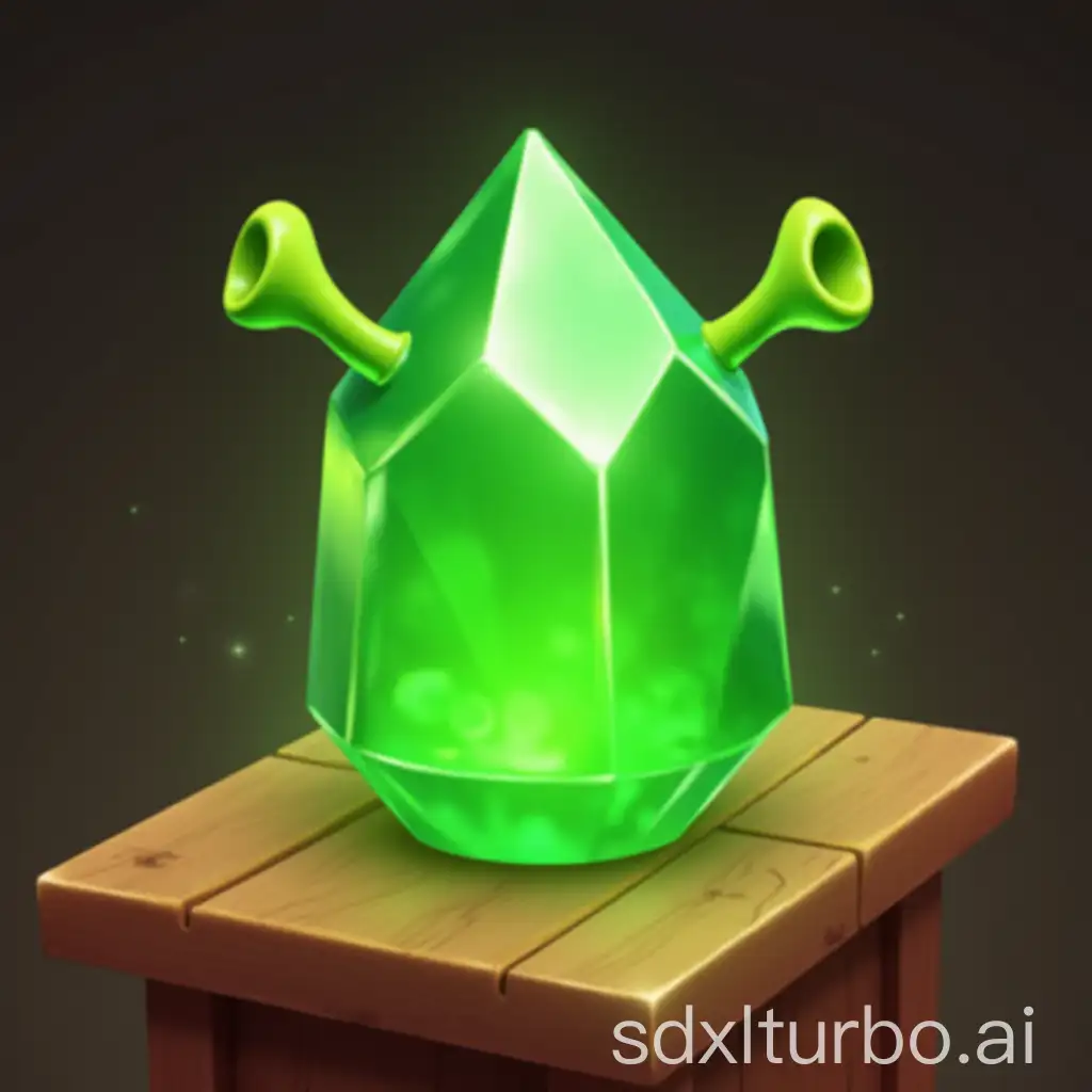 game asset, green crystal with shrek ears, on wooden item shop table, game icon, shiny