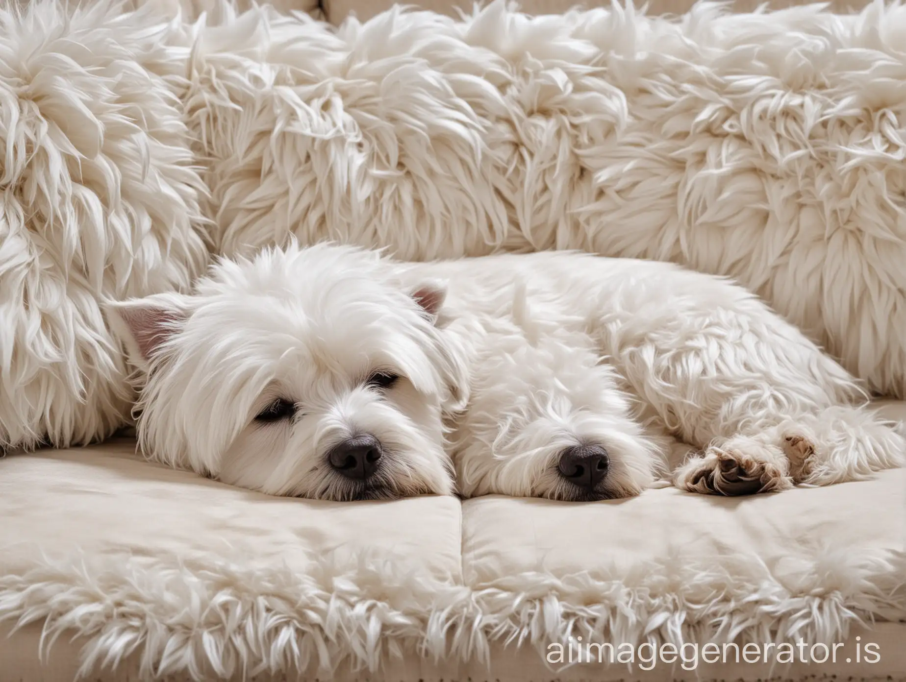 A West Highland White Terrier with all white fur is sleeping on the couch, Slept very soundly, Features.