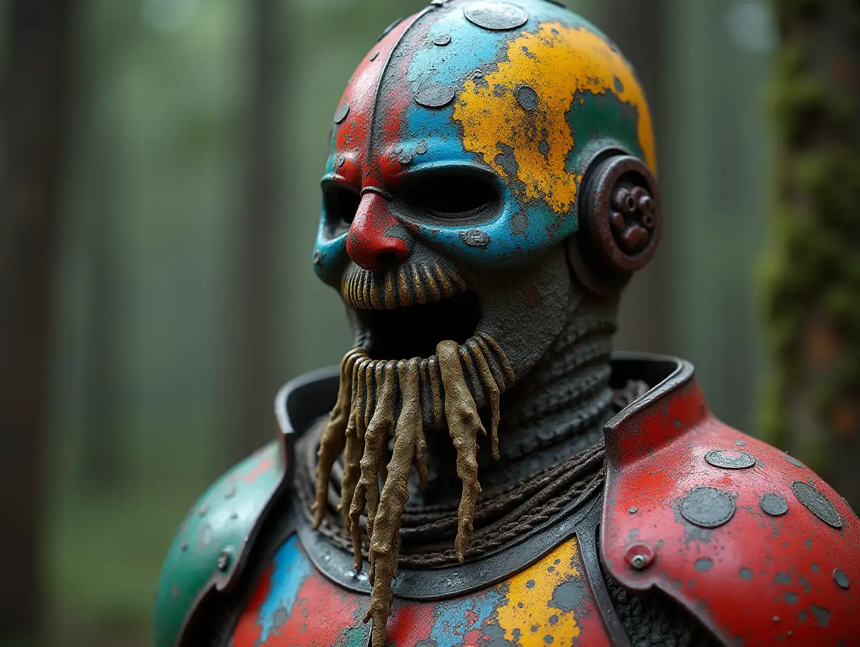 Stone face with colorful knight's armor in mouth roots full body representation