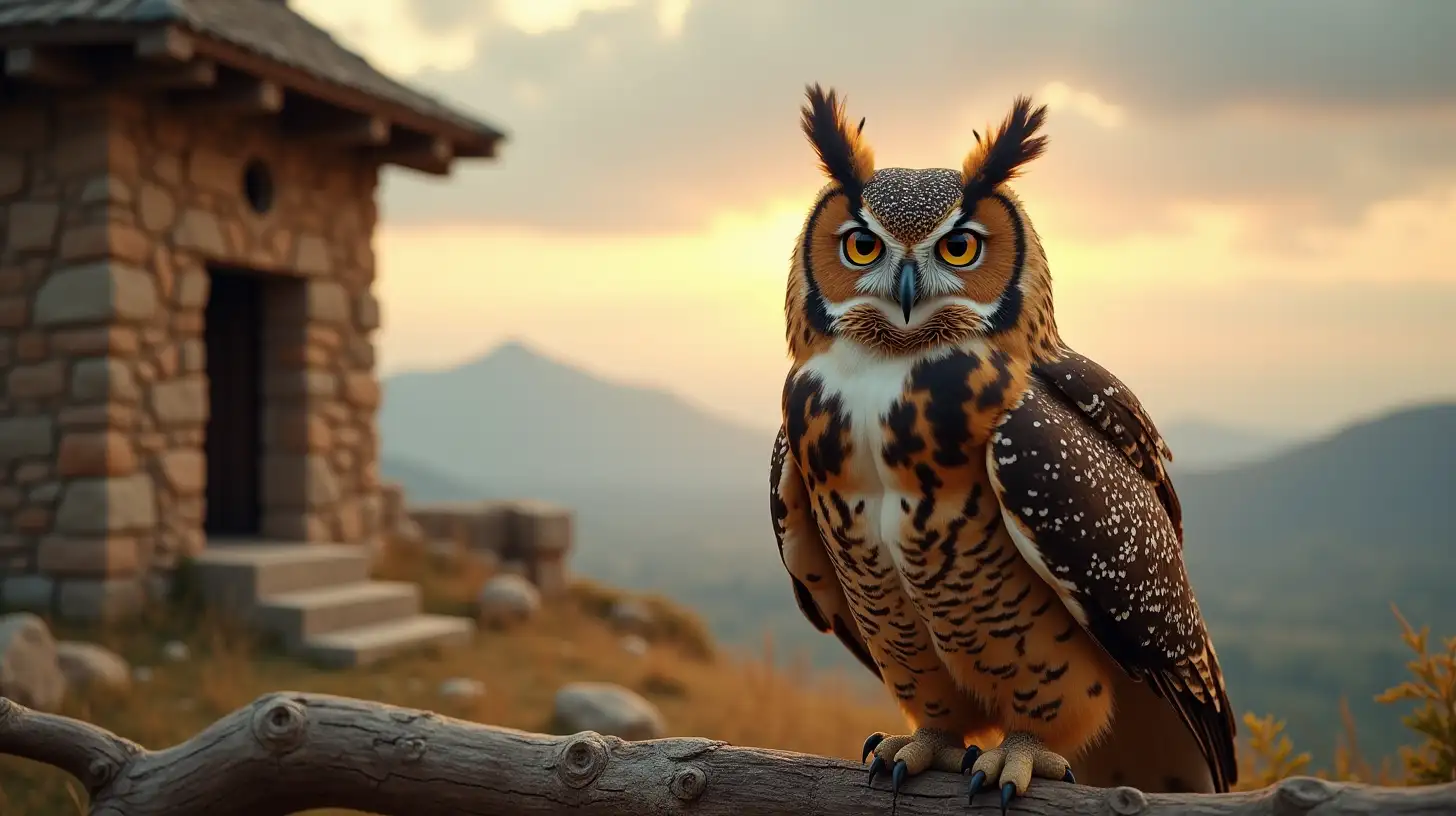 Wise Owl Perched on Branch near Stone House with Scenic Biblical Era Background