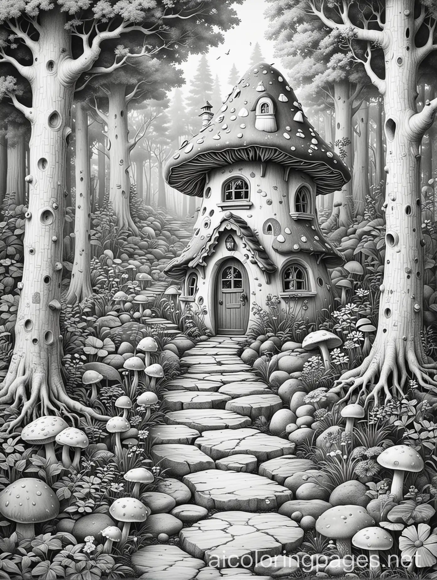 Create an intricately designed toadstool house among the trees with a cobblestone path. Fairytale theme. white background, Coloring Page, black and white only, no grayscale, clean line art, white background, complex, Ample White Space. , Coloring Page, black and white, line art, white background, Simplicity, Ample White Space. The background of the coloring page is plain white to make it easy for young children to color within the lines. The outlines of all the subjects are easy to distinguish, making it simple for kids to color without too much difficulty