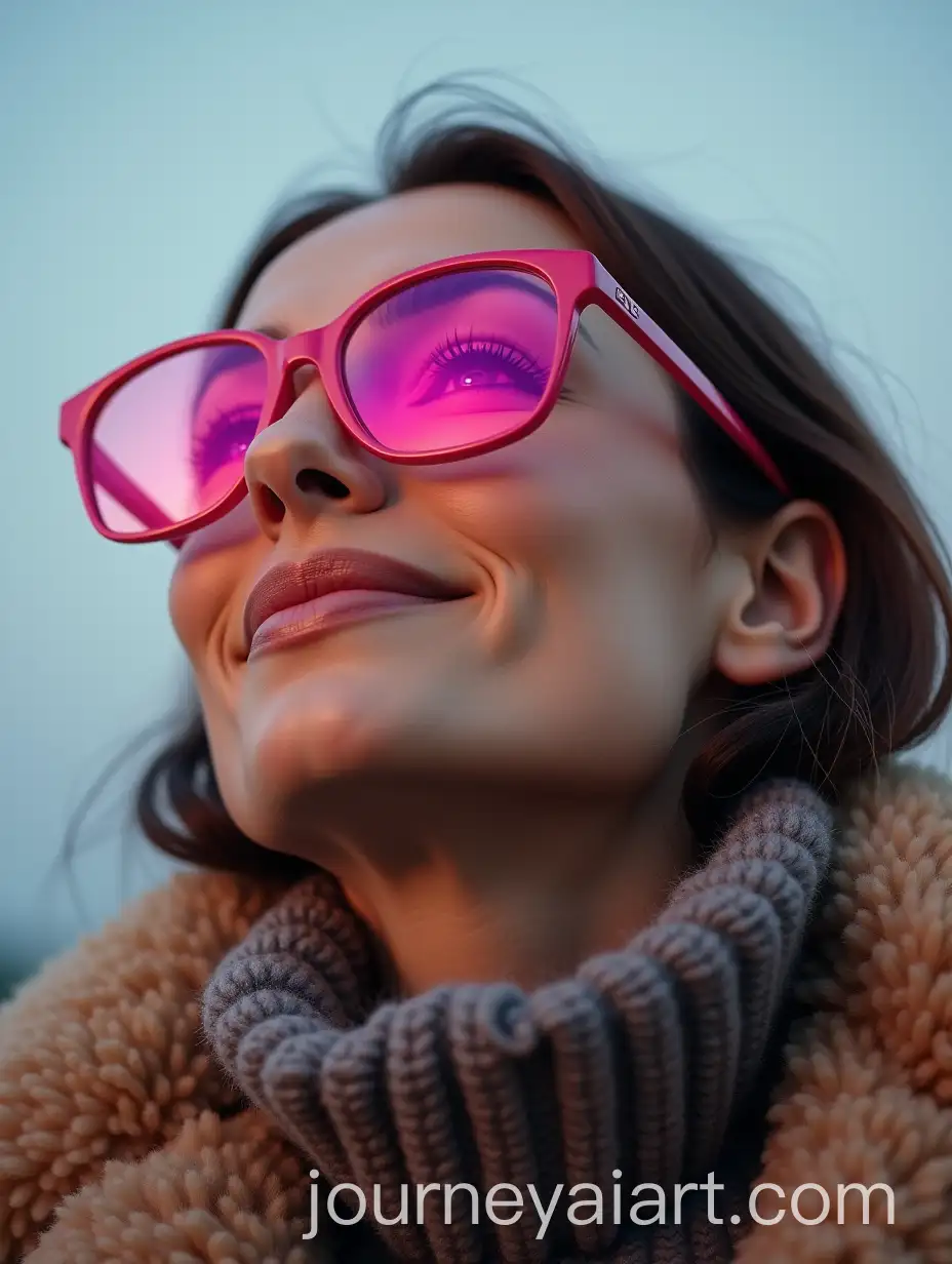 Fashion-Model-in-Pink-Swiss-Reflective-Glasses-and-Animal-Wool-Coat-Looking-Up-to-the-Sky