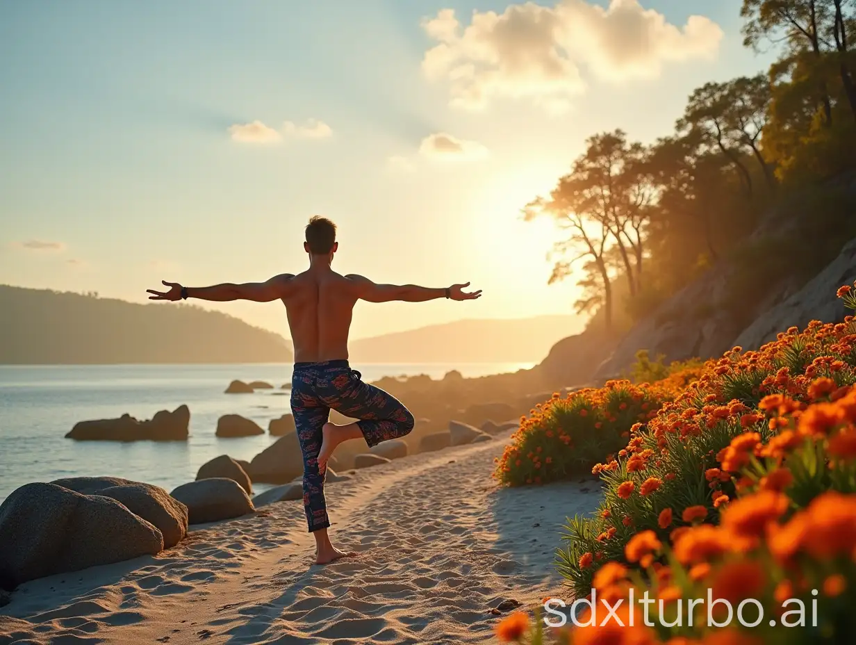 Nordic-Yogi-Male-Practicing-Yoga-on-Rocky-Shore-with-Glowing-Tree-and-Multicolored-Flowers