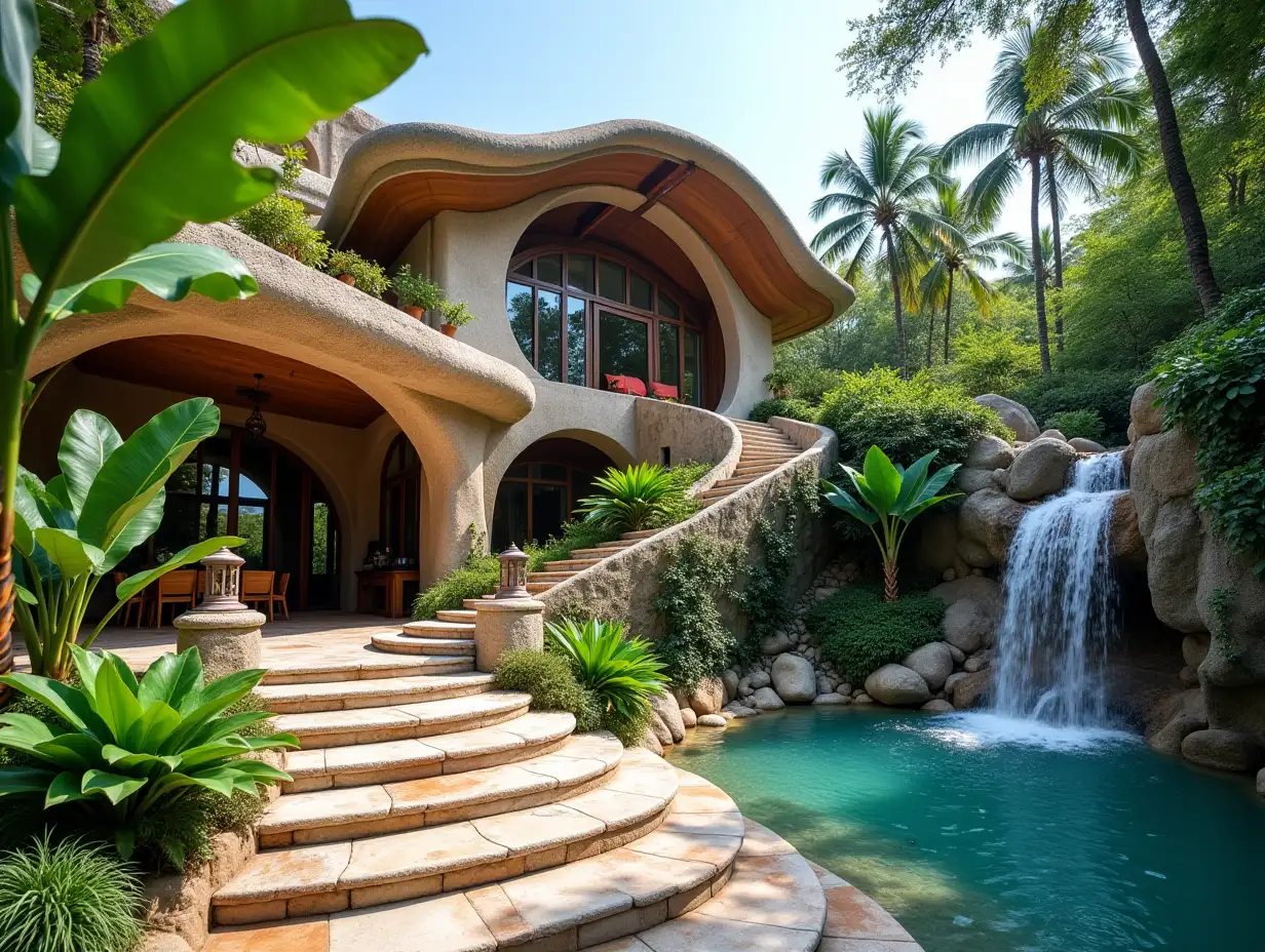 crooked house garden with beach and waterfall with tiles Stuck,large windows with glass,curved, rough window shapes, winding large entrance steps of marble Complex curved roof with dike,Lanterns,Bank Mango tree 4K resolution Colorful superWide-angle shots