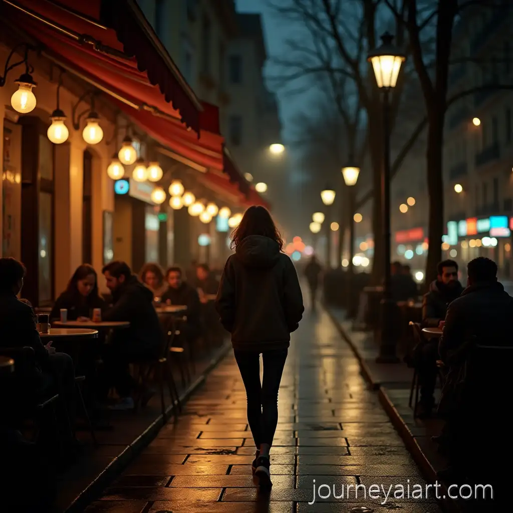 Moody-Night-City-Scene-with-Cafes-and-Lonely-Woman-Walking