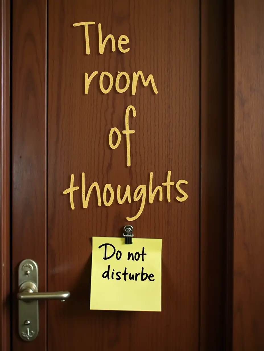 A photo of a door. In the middle of the door, the words 'The room of thoughts' are written in golden Sans font. And on the sticky note attached at the bottom left of the door, the word 'Do not disturb' is written in Alex Brush font. It should be a wooden door with a handle.