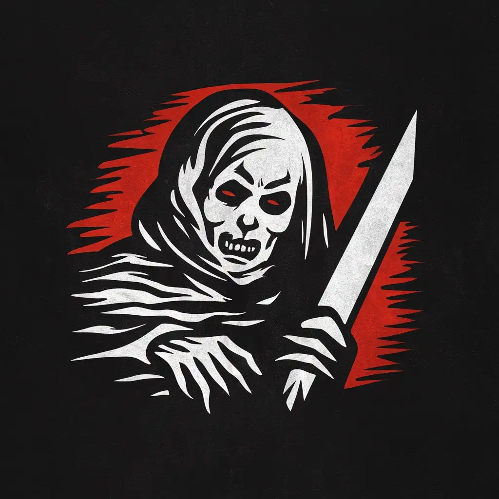 Shadow Ambush veiled killer targeting icon horror simple primitives and lines white and red colors with black background
