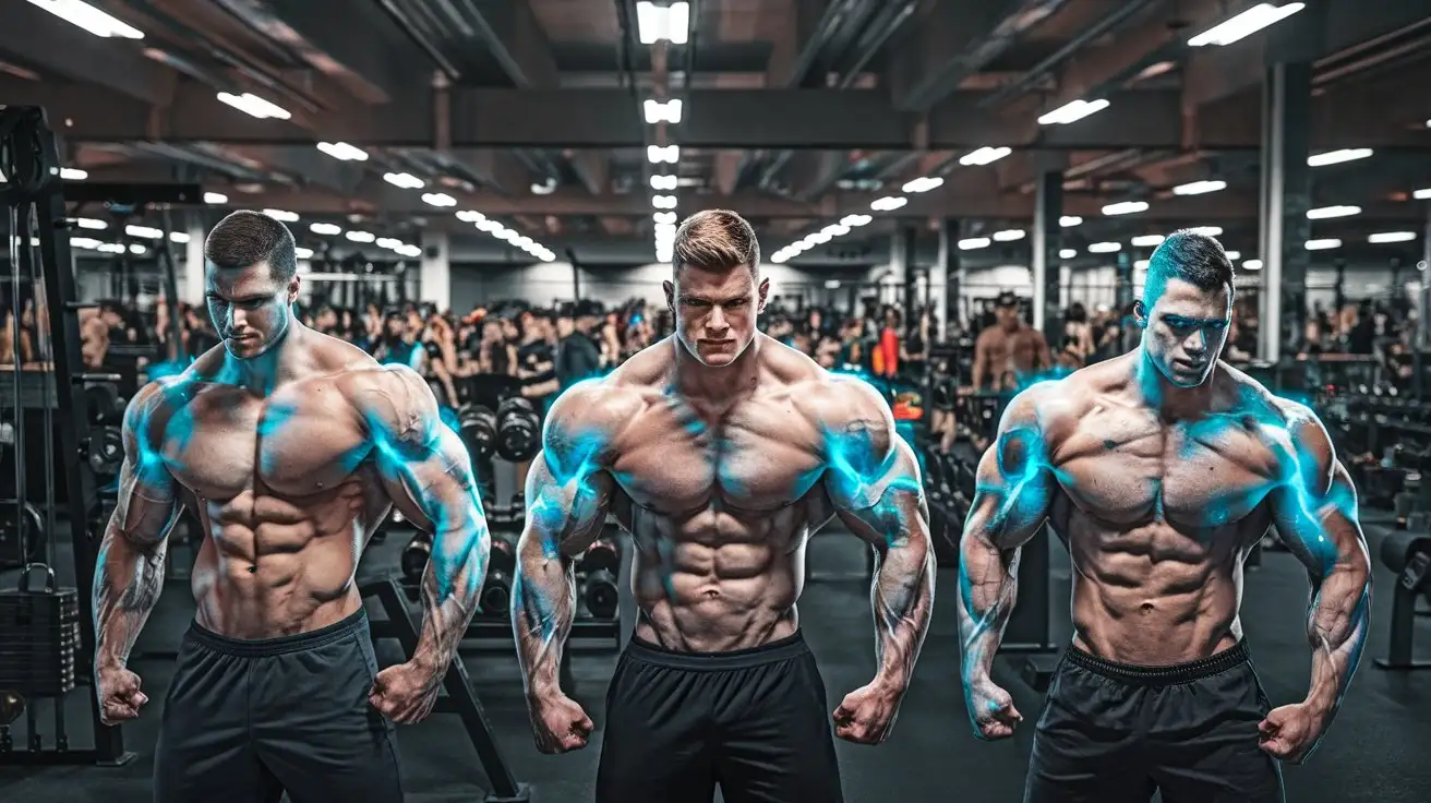 Three-Power-Muscle-Men-Glowing-with-Luminous-Blue-Superpower-in-a-Crowded-Gym