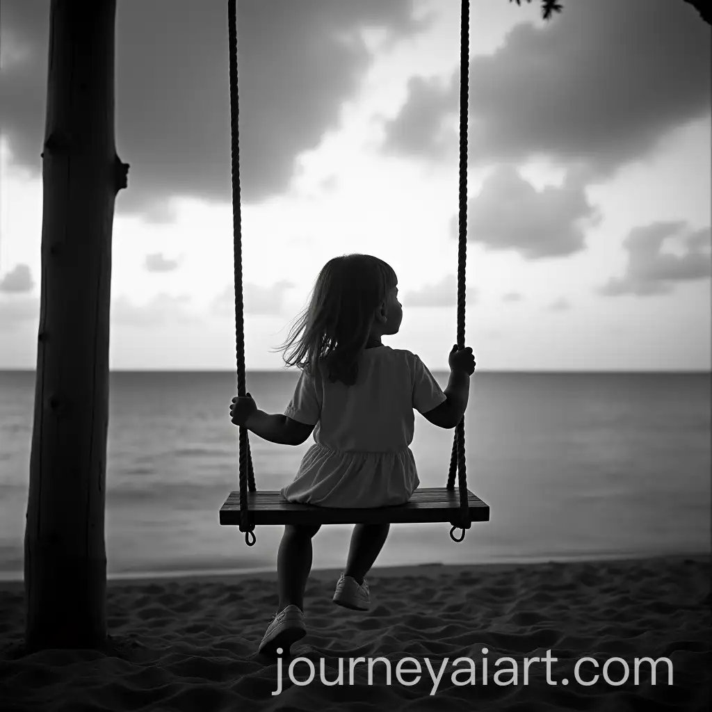 Black-and-White-Long-Exposure-of-Girl-on-Wooden-Swing-Gazing-at-the-Sea