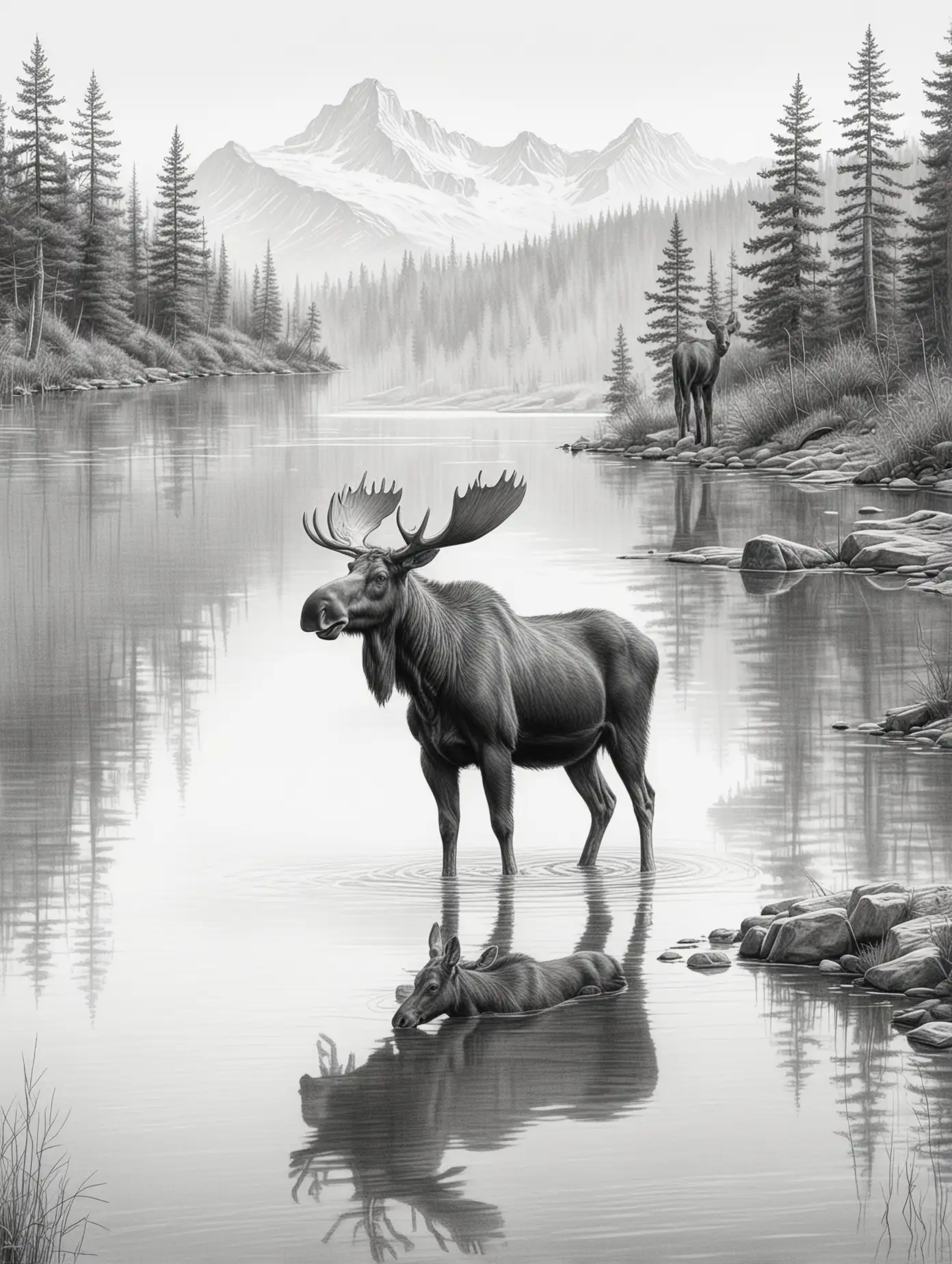 Realistic-Drawing-of-Moose-with-Calf-by-Lake-Shore