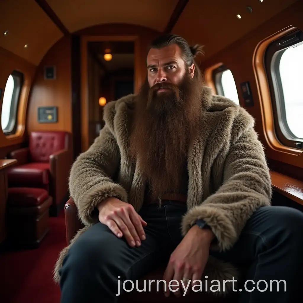 Muscular-Norseman-Relaxing-in-Private-Plane-with-Red-Carpets-and-Wooden-Decor