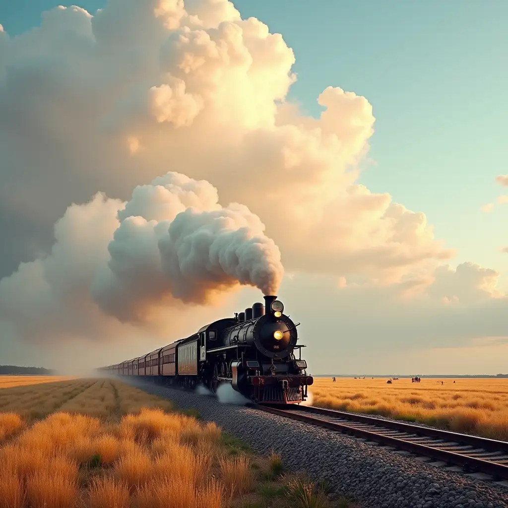 A captivating and nostalgic scene of a vintage steam locomotive, numbered 101, chugging along a railroad track amidst a vast, picturesque landscape. The sky above is filled with dramatic, billowing clouds in shades of pink, white, and blue, creating a striking contrast to the warm golden hue of the harvested field surrounding the tracks. The locomotive emits thick plumes of white smoke, while distant figures of workers or animals can be seen, adding a touch of life to the scene. The overall atmosphere of this stunning image is one of nostalgia, transporting the viewer to a bygone era of rail travel.