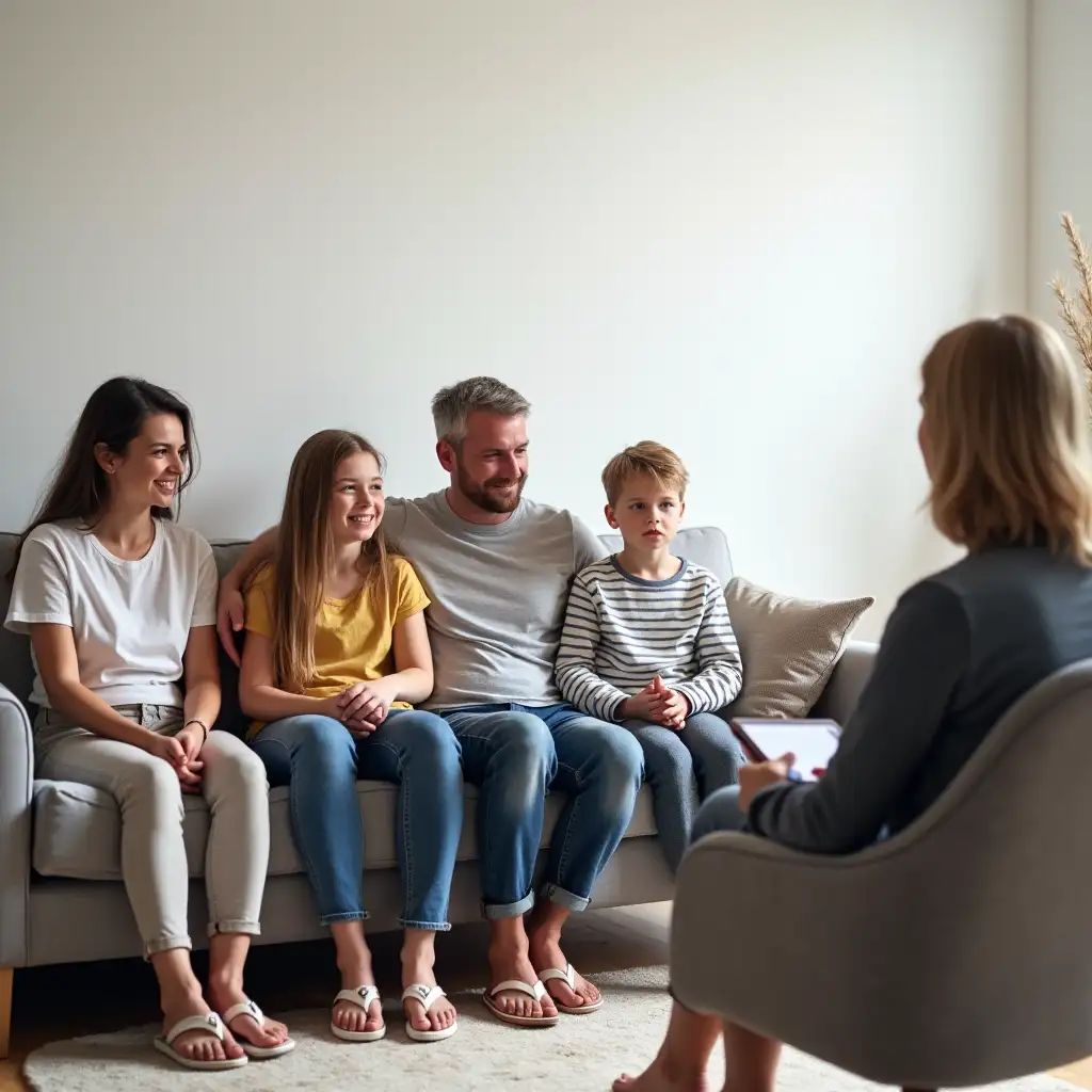 Family-Sitting-on-Sofa-in-Therapy-Room-with-Therapist-in-Armchair