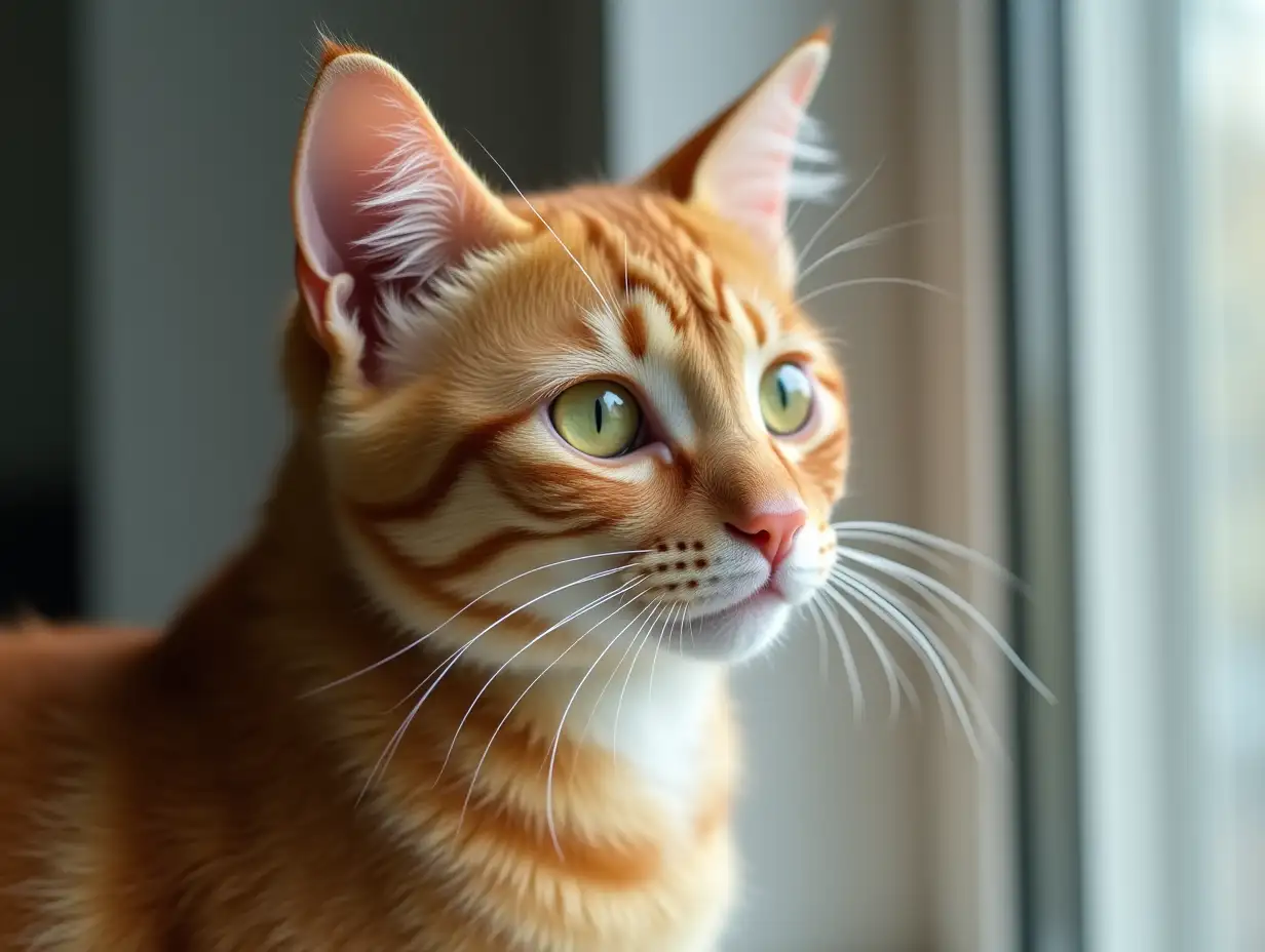 A ginger cat is looking out the window. The cat has big green eyes and a pink nose. Its fur is short and orange.