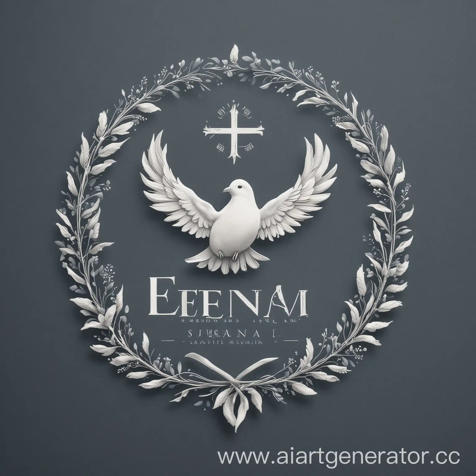 Create a flat, professional, and elegant logo for a funeral services company. The logo should convey a sense of dignity, compassion, and respect. Incorporate symbols such as a dove, a candle, or a laurel wreath. Use a soothing and sophisticated color palette, such as deep blue, silver, and white. The design should be clean, minimalistic, and timeless. Include the company name 'Eternal Peace' in a classic and readable font