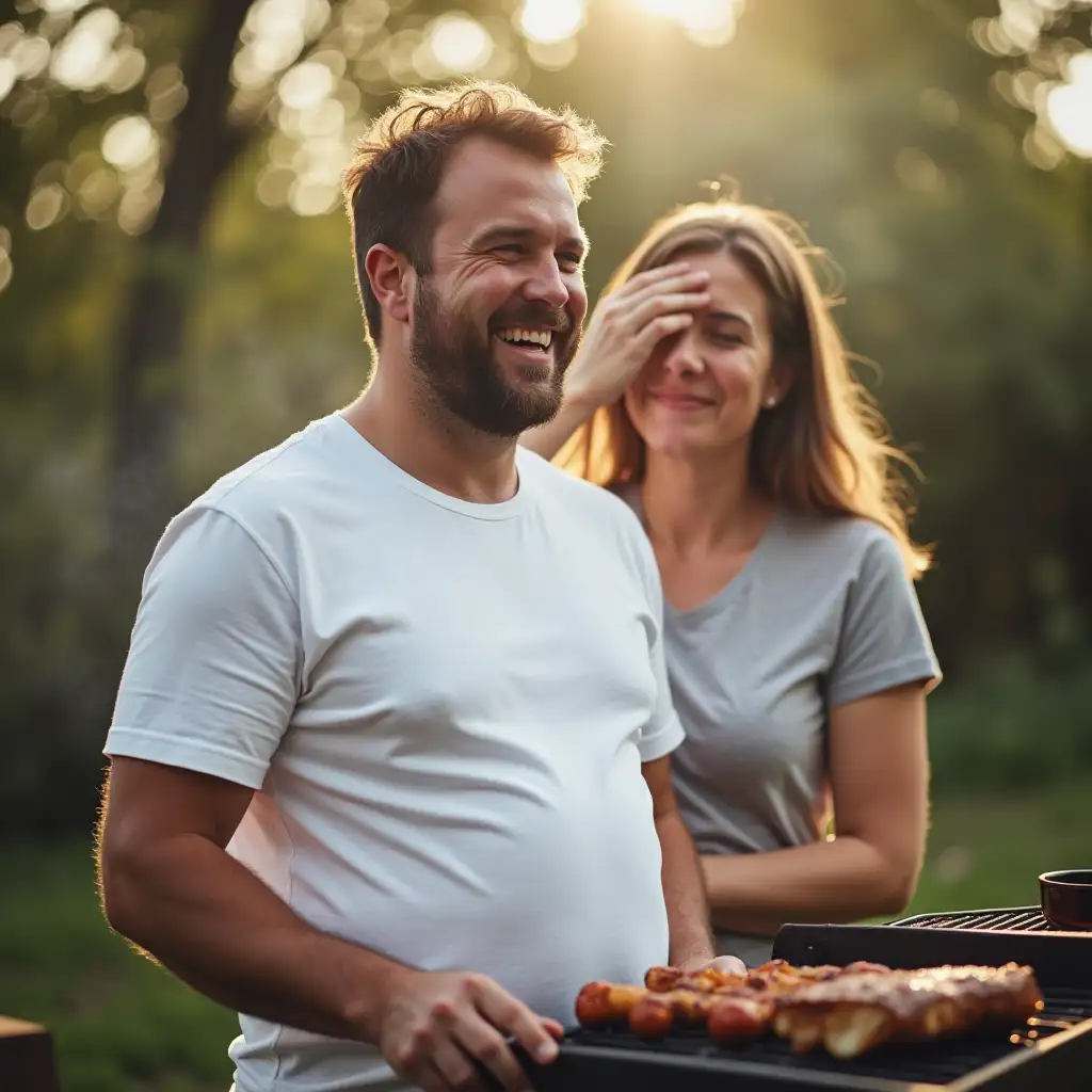 Smiling-Man-with-Beer-Belly-at-BBQ-Wife-Facepalming-in-the-Background