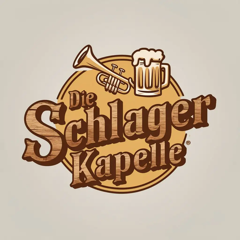 LOGO Design for The Schlager Capelle Oktoberfest Mascot with Trumpet and Beer in YellowishGold with Wood Finish Text