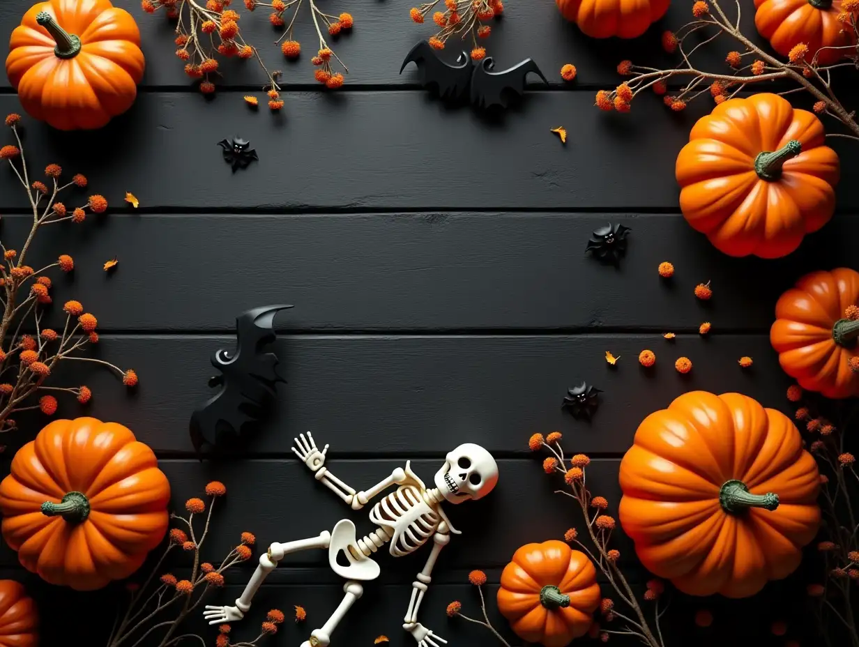 Spooky-Halloween-Gathering-Pumpkins-Skeletons-and-Bats