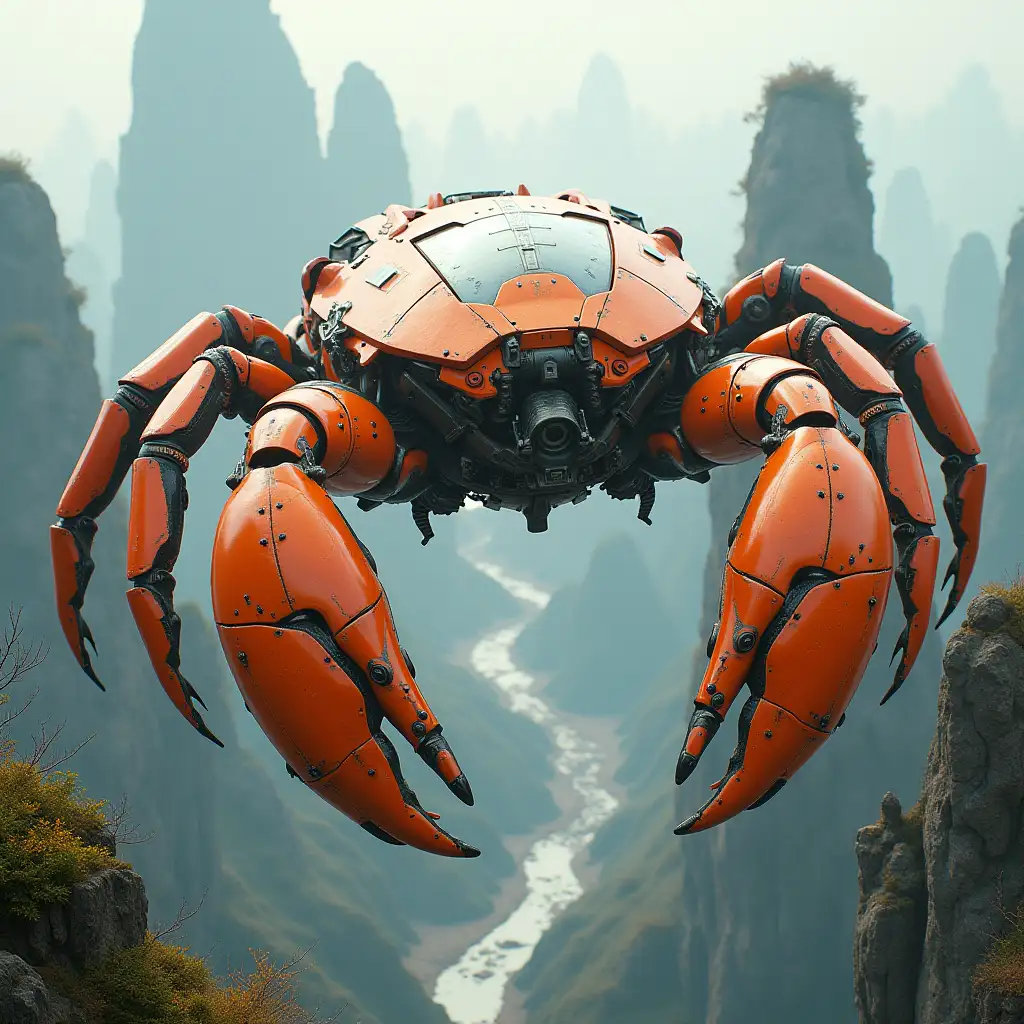 Huge crab mech. Reflective metal double exposure: Aerial view: Cyberpunk sci-fi Longmen Grottoes and Yangtze River Dam, a stylish orange and white spaceship majestically soars above, combining the solid structure of an interstellar battleship, the streamlined design of a supercar engine and the futuristic feel of a UFO. From a ground-based perspective, the spacecraft’s exquisite mechanical details will be visible in ultra-realistic 8K resolution. It’s surrounded by cyberpunk-style buildings that blend Cinema 4D and Blender-style aesthetics.