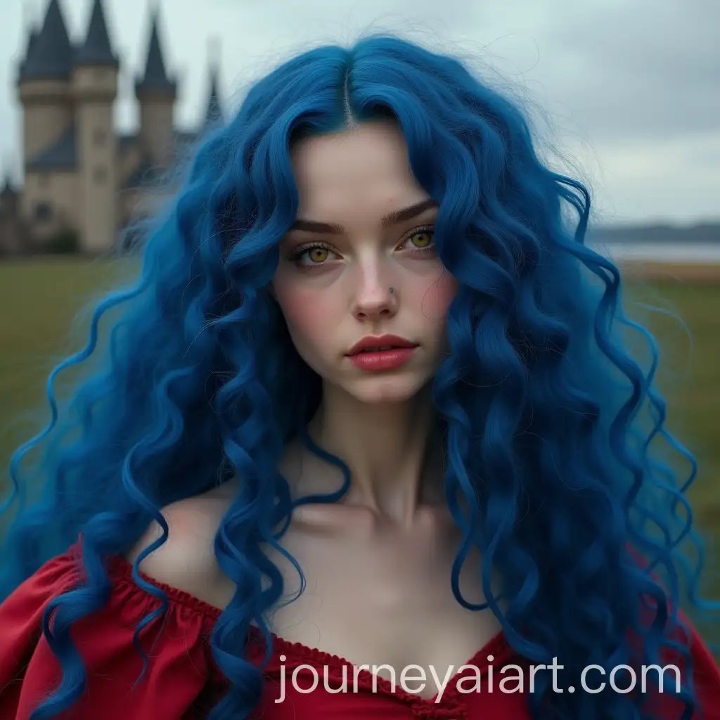 Beautiful-Young-Woman-with-Bright-Blue-Curly-Hair-in-a-Red-Dress-at-a-Fantasy-Castle