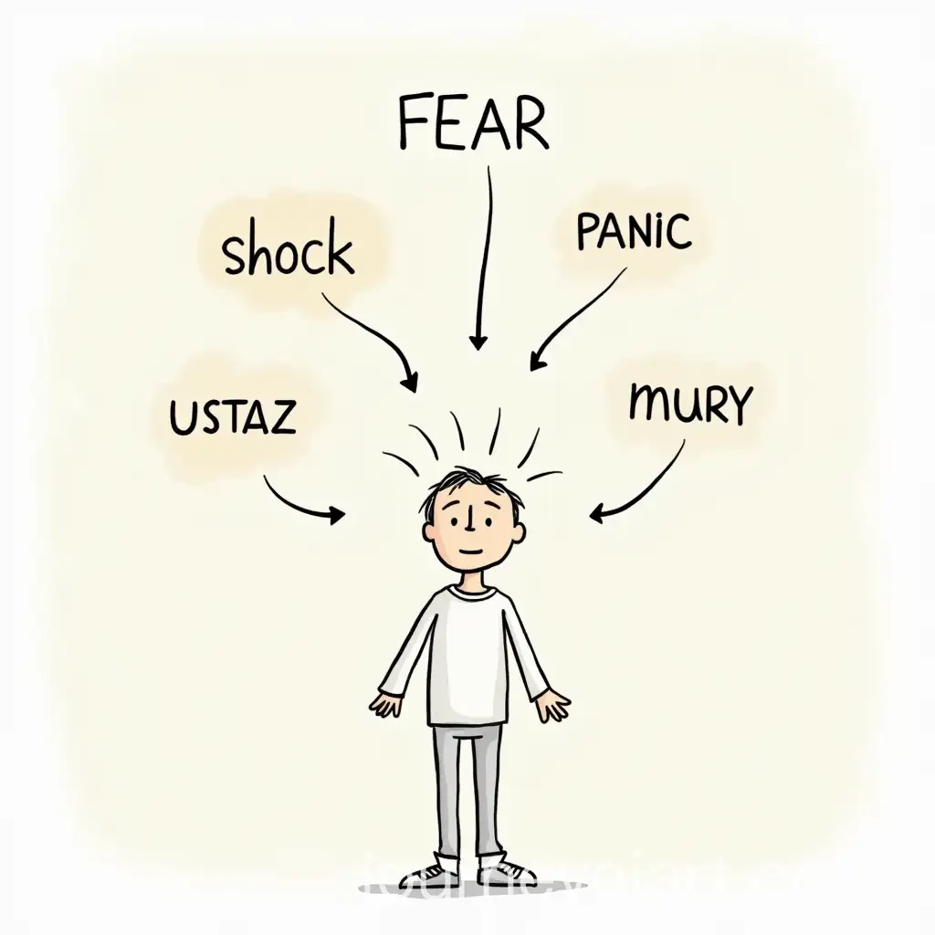 Illustration-of-Emotional-FearAI-Art-Prompt-Expansion-with-Faces-Showing-Shock-Panic-Worry-and-Neutral-Expression-with-Ustaz-and-Mugalim-Characters