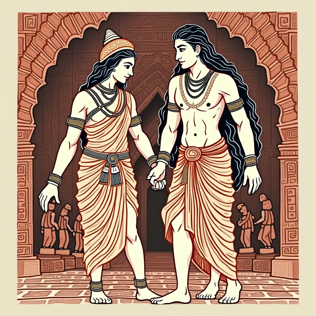 IN BLOCK PRINT STYLE, Lord Rama (MALE)With Simple clothes, On RAMA left -Lord goddess Sita(FEMALE), leaving Kingdom Ayodhya for their 14-year exile, Background a Kingdom with old sculptures