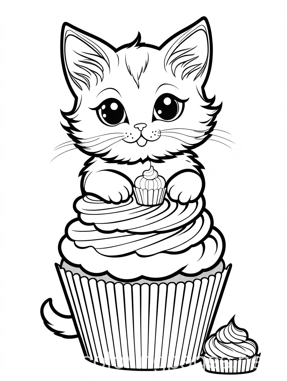 Kitten-with-Cupcake-Coloring-Page-Simple-Line-Art-on-White-Background