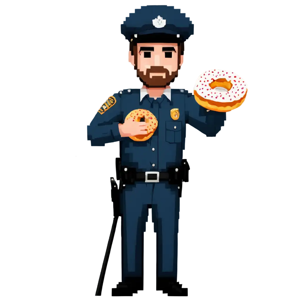 Pixel-Art-of-Funny-Fat-Policeman-with-Big-Nose-Eating-Doughnut-PNG-Image