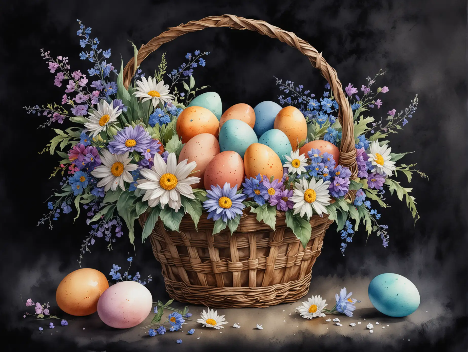 Basket-of-Colorful-Easter-Eggs-Surrounded-by-Flowers-on-Dark-Background