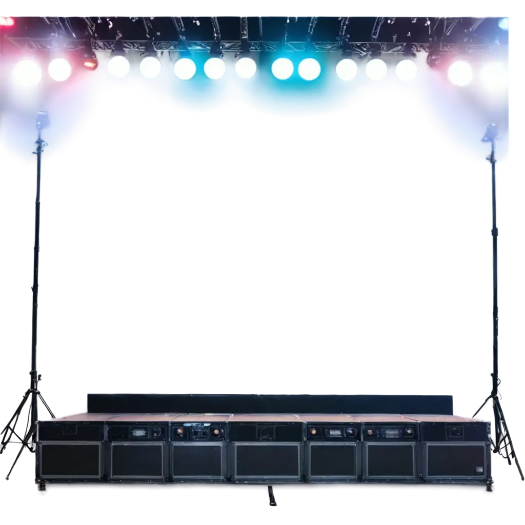 PNG-Image-of-Box-Truss-Structure-with-Reflectors-and-Colored-Lights-on-Black-Stage-featuring-Rock-Band