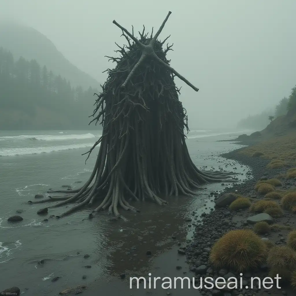 Mysterious Figures Crossing Barren Landscape in the Wake of Destruction