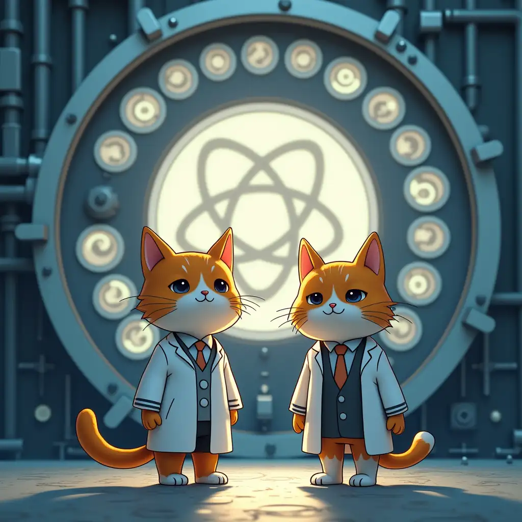 two funny 2D cats in the image of a scientist with office clothes and a white coat with an atom symbol stand in front of a white nuclear reactor control panel with a glowing Mobius strip symbol, behind it in an electric glow is an nuclear reactor shaft with fuel assemblies and control mechanism, the shaft is illuminated by light from the released energy, paint in anime style, manga 2D characters