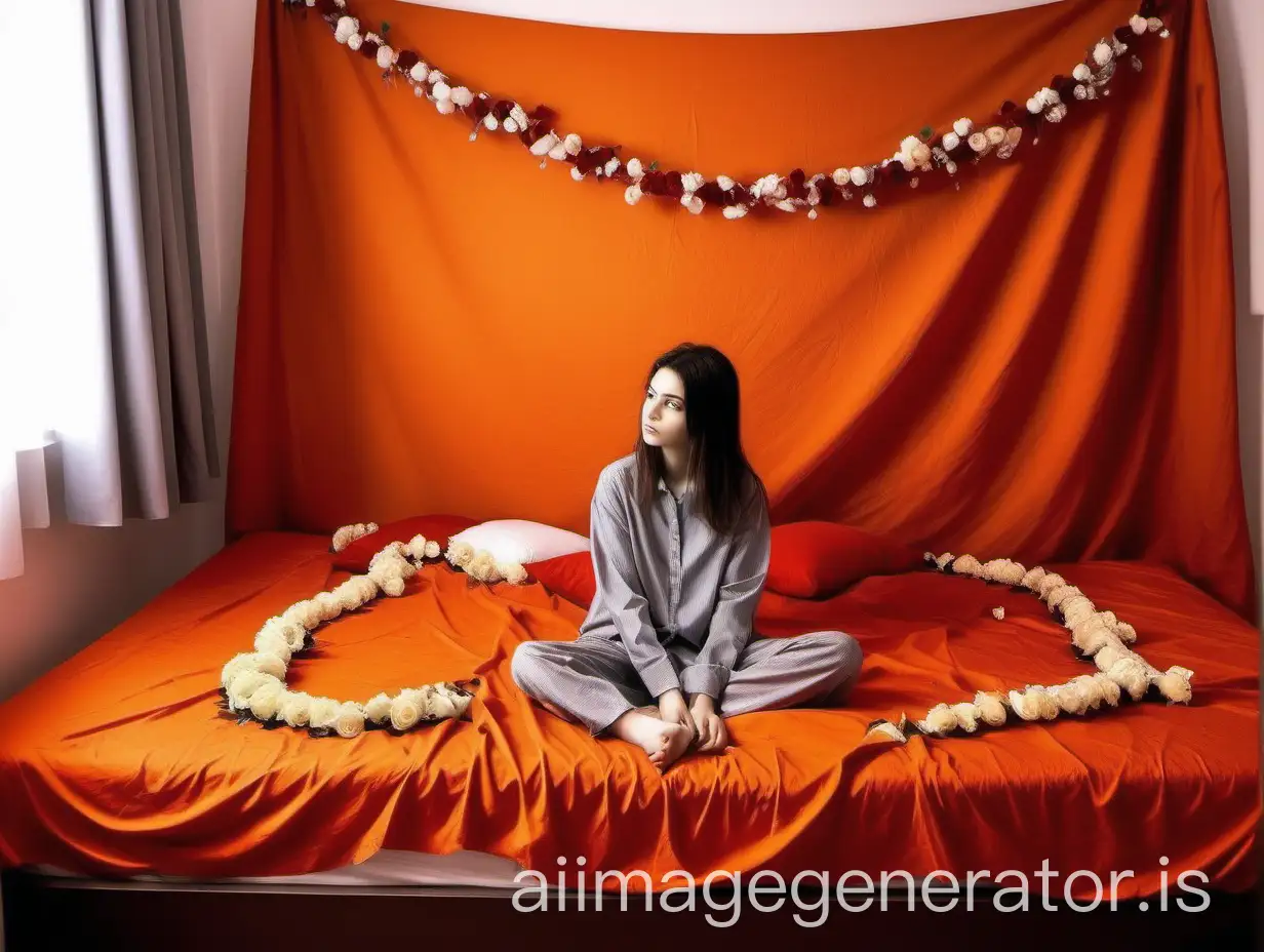 on a bed a orange bed sheet is there and on the bed sheet some broken garlands and flowers are there, some red power are fall on the bed ...and a girl is sitting on the bed , show full room  the room objects are here and there 