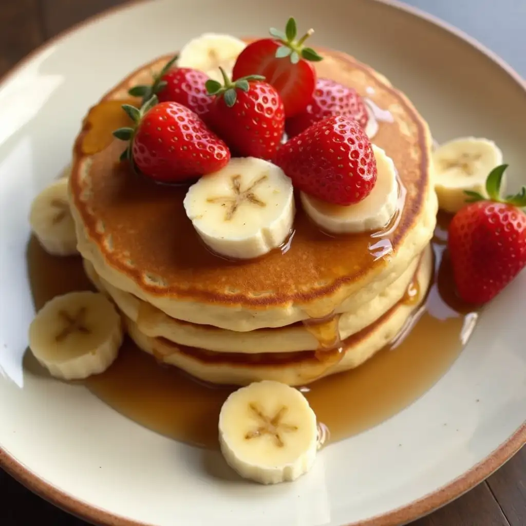 Delicious Pancakes Topped with Maple Syrup and Fresh Fruits