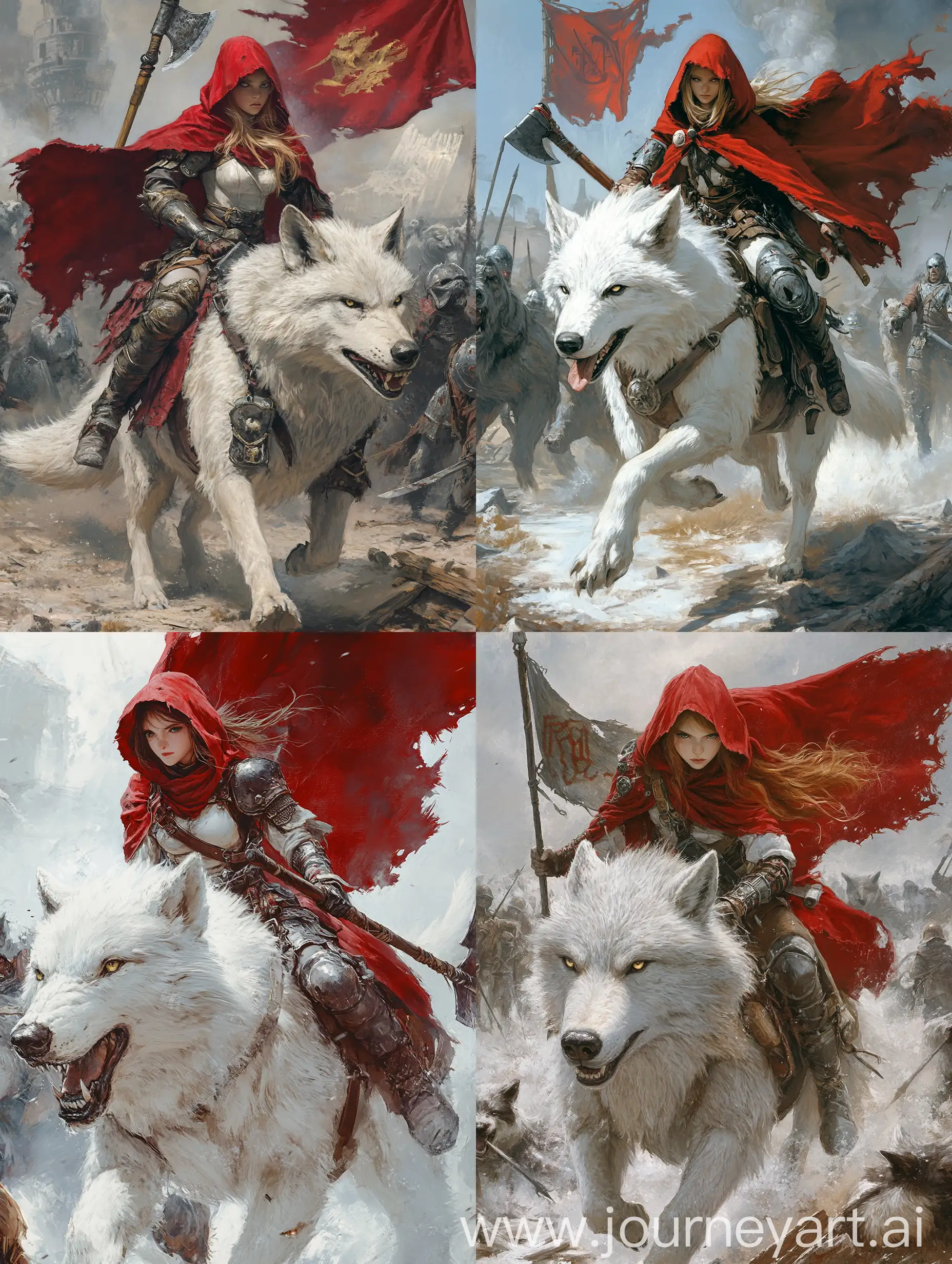 Girl-in-Red-Velvet-Cape-Riding-Armored-War-Wolf-on-WWII-Battlefield