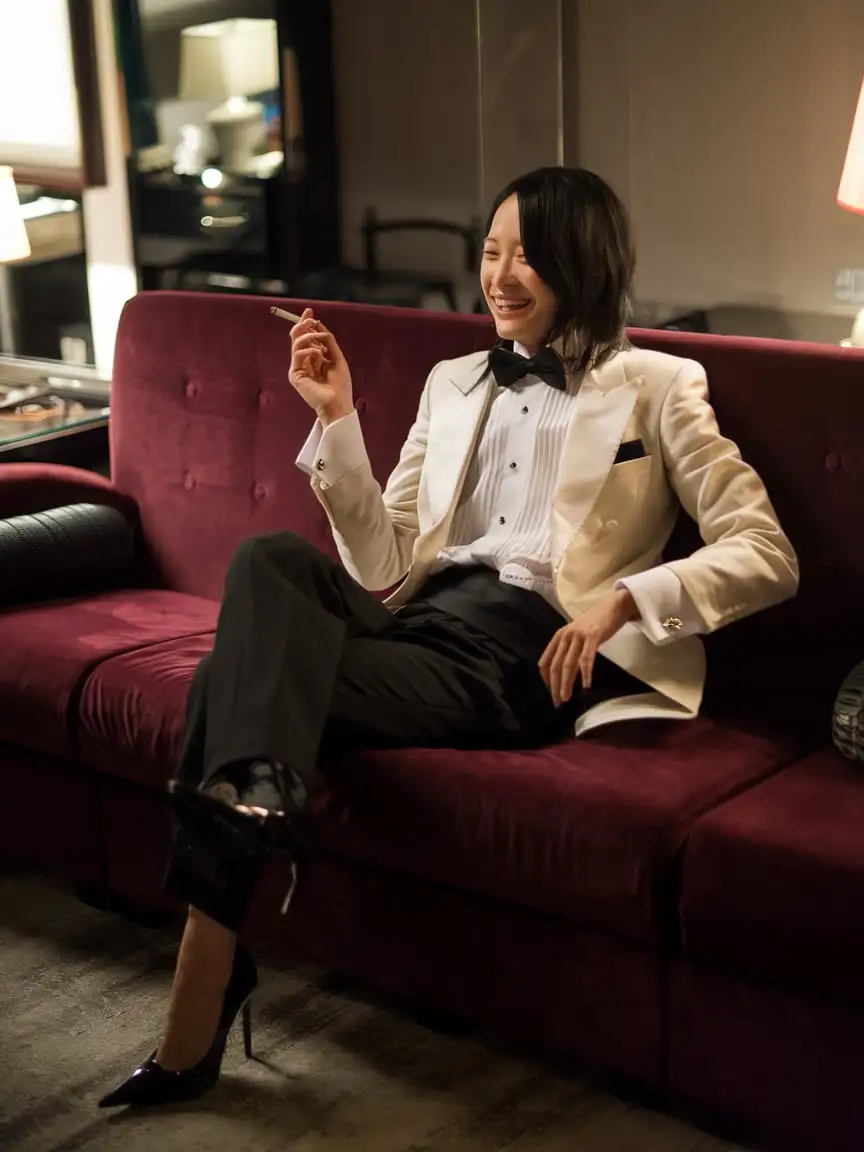 Smiling Chinese woman with shoulder length black hair wearing an unbuttoned ivory tuxedo with a black bow tie and a white shirt and double french cuffs with shiny silver cufflinks and a black cummerbund and black pants and black patent high heels is sitting on a burgundy couch.  One hand is holding a cigarette.  The room is dimly lit.