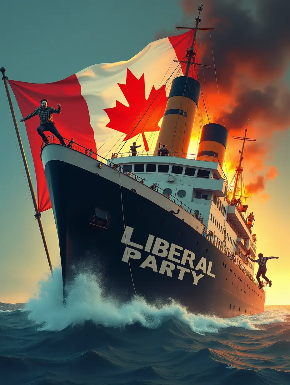 clowns jumping off a sinking burning ship, on the side of the ship it says Liberal Party, in the background a Canadian flag