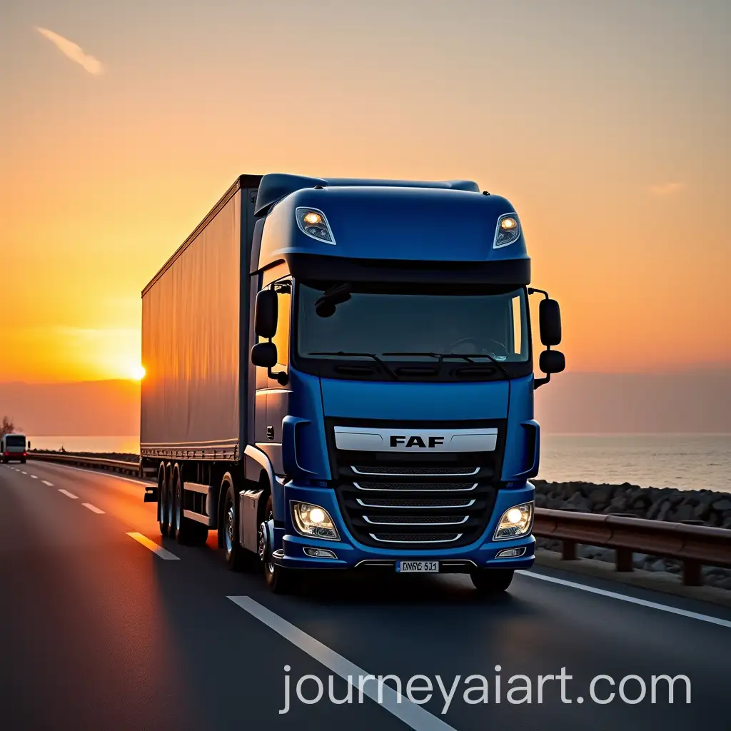 Blue-DAF-Truck-Driving-Along-Turkish-Coast-at-Sunset