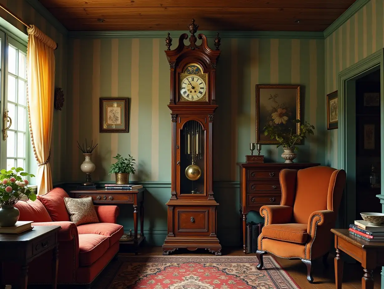 Ultra-detailed hyperrealistic portrait of a grandfather clock in an old living room with old furniture from the 60s, intricately detailed, colorful