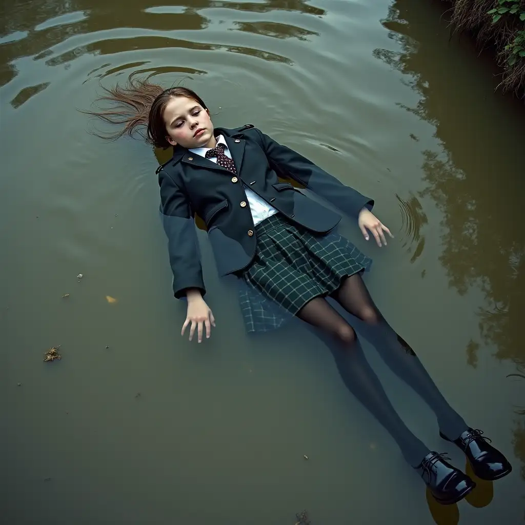 A young schoolgirl in a school uniform, in a skirt, jacket, blouse, dark tights, high-heeled shoes. She is swimming in a dirty pond, lying under water, all her clothes are completely wet, wet clothes stick to her body, the whole body is under water, submerged in water, under the surface of the water, below the water's edge.